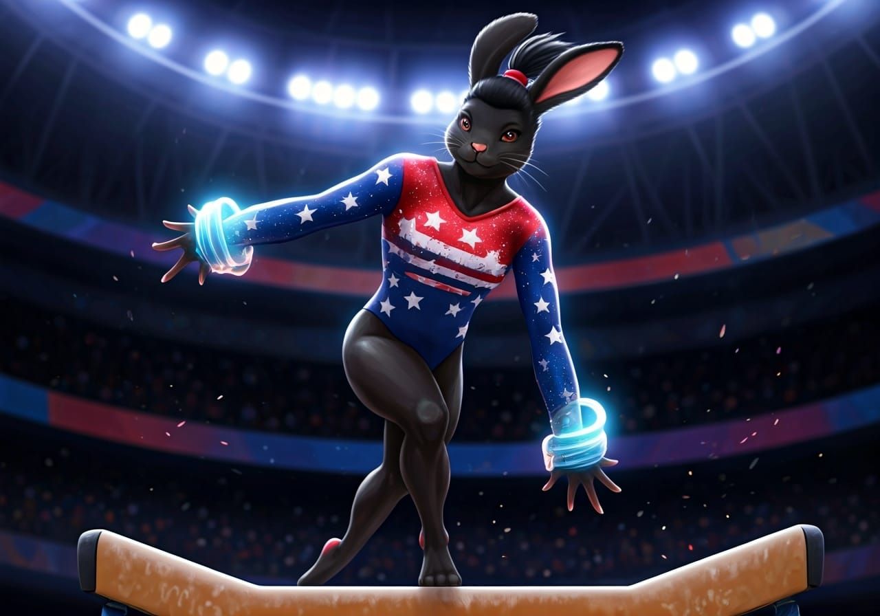 Gymnast Rabbit on Balance Beam in Digital Art Style