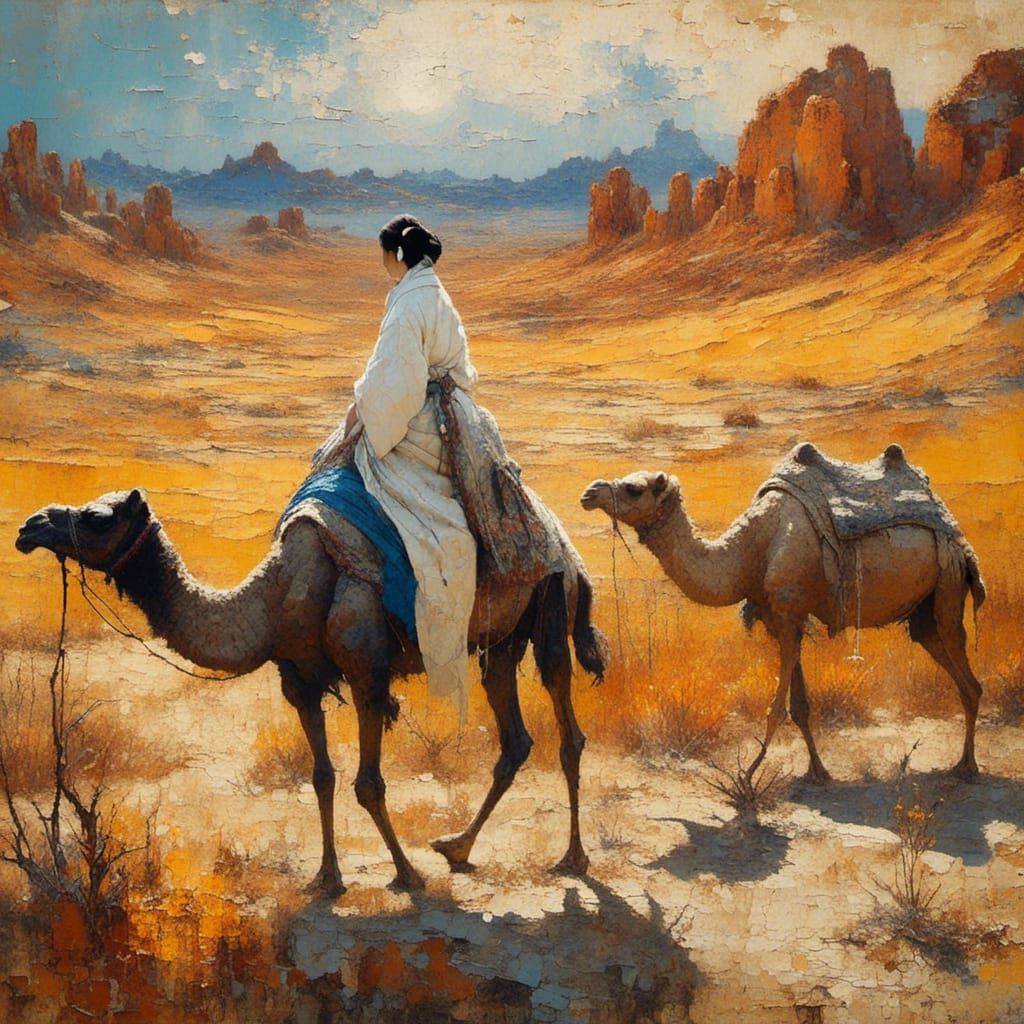 Girl Rides Camel in Desert Tapestry