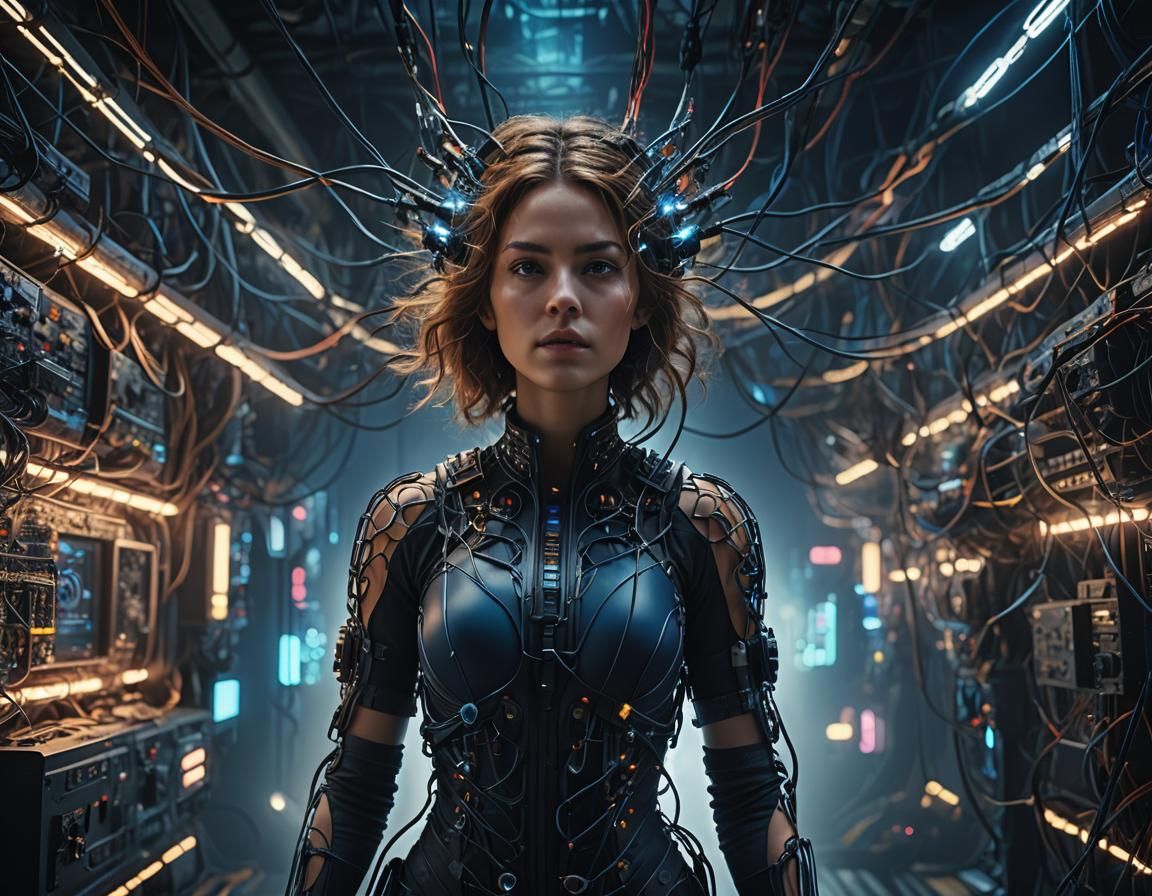 Eerie Woman Connected to Wires in Cyberpunk Style