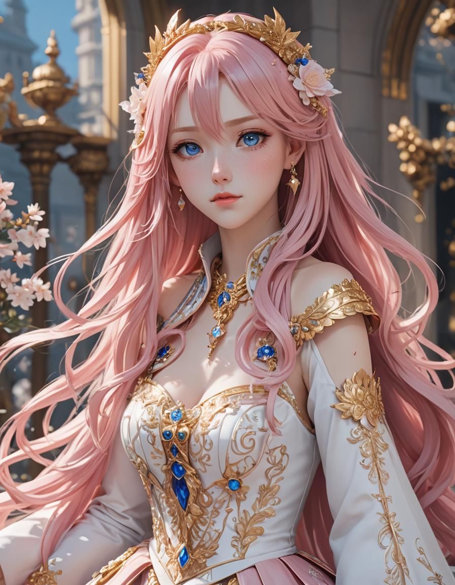 Anime Girl with Pink Hair in Royal Dress
