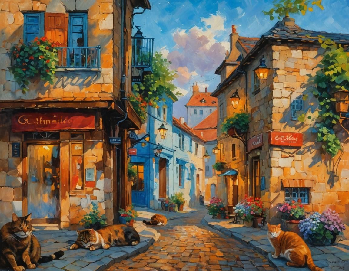 Cats Sleeping in Street: Impressionist Oil Painting