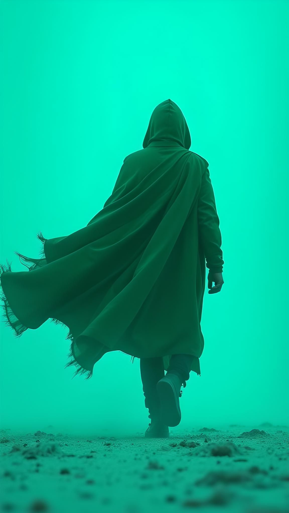Emerald and Neon Cloaked Figure in Wind