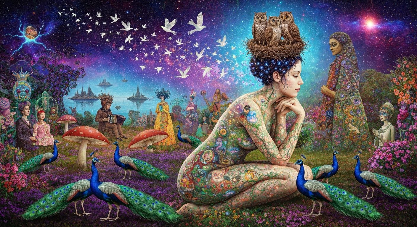 Ethereal Woman Transforms into Birds Amidst Cosmic Energy