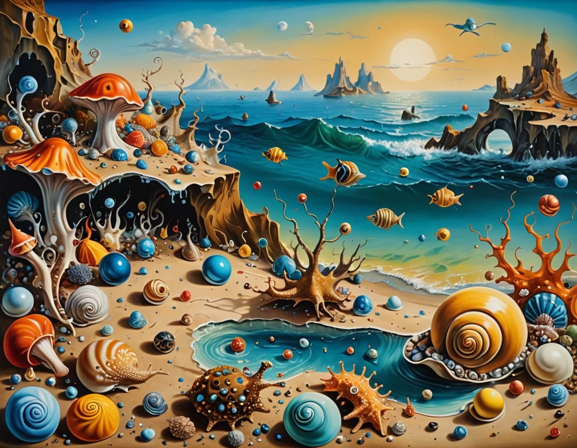 Surreal Shore Landscape with Exotic Sea Creatures