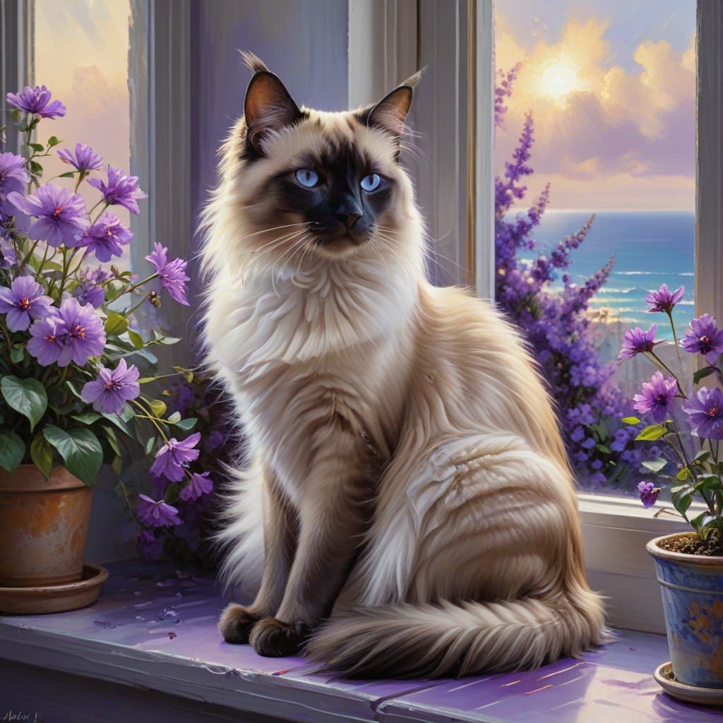 Long Haired Siamese Cat by Window