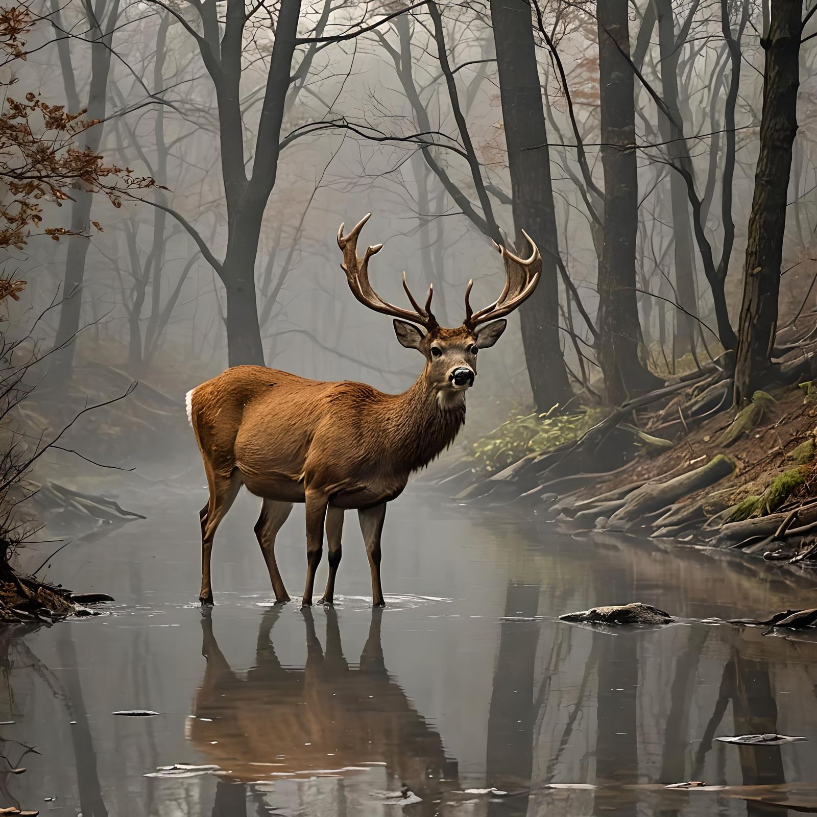 Deer Drinking in Early Morning Fog