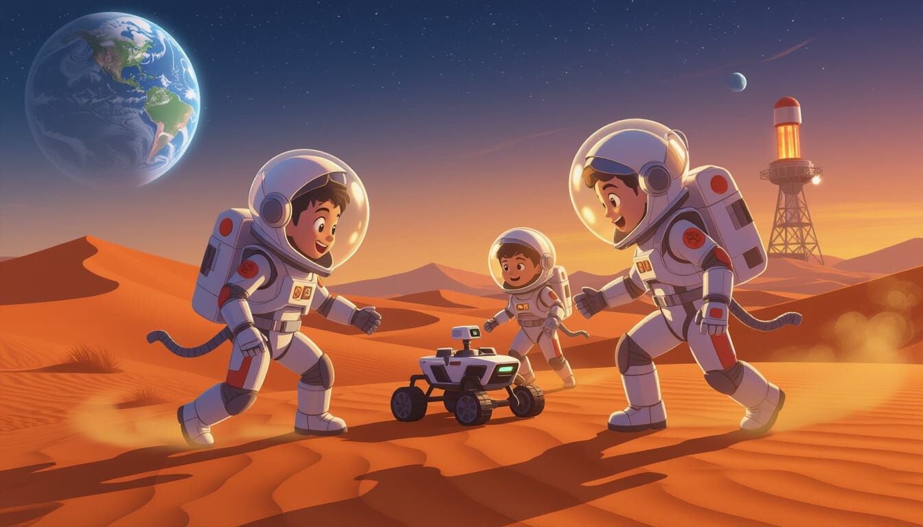 Martian Children Chase Rover in Cartoon Adventure