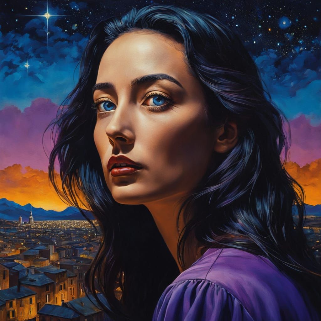 Intense Woman's Portrait in Vibrant Surrealist Oil Painting