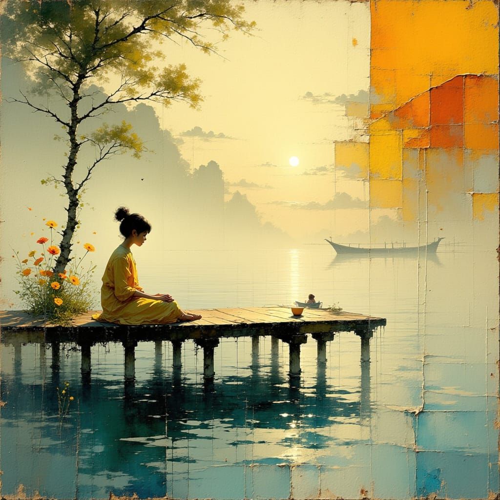 Person on Dock in Impressionistic Style