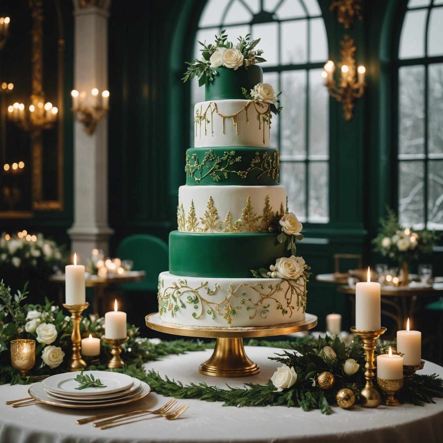 Winter Wedding Cake with Green, White, and Gold Accents