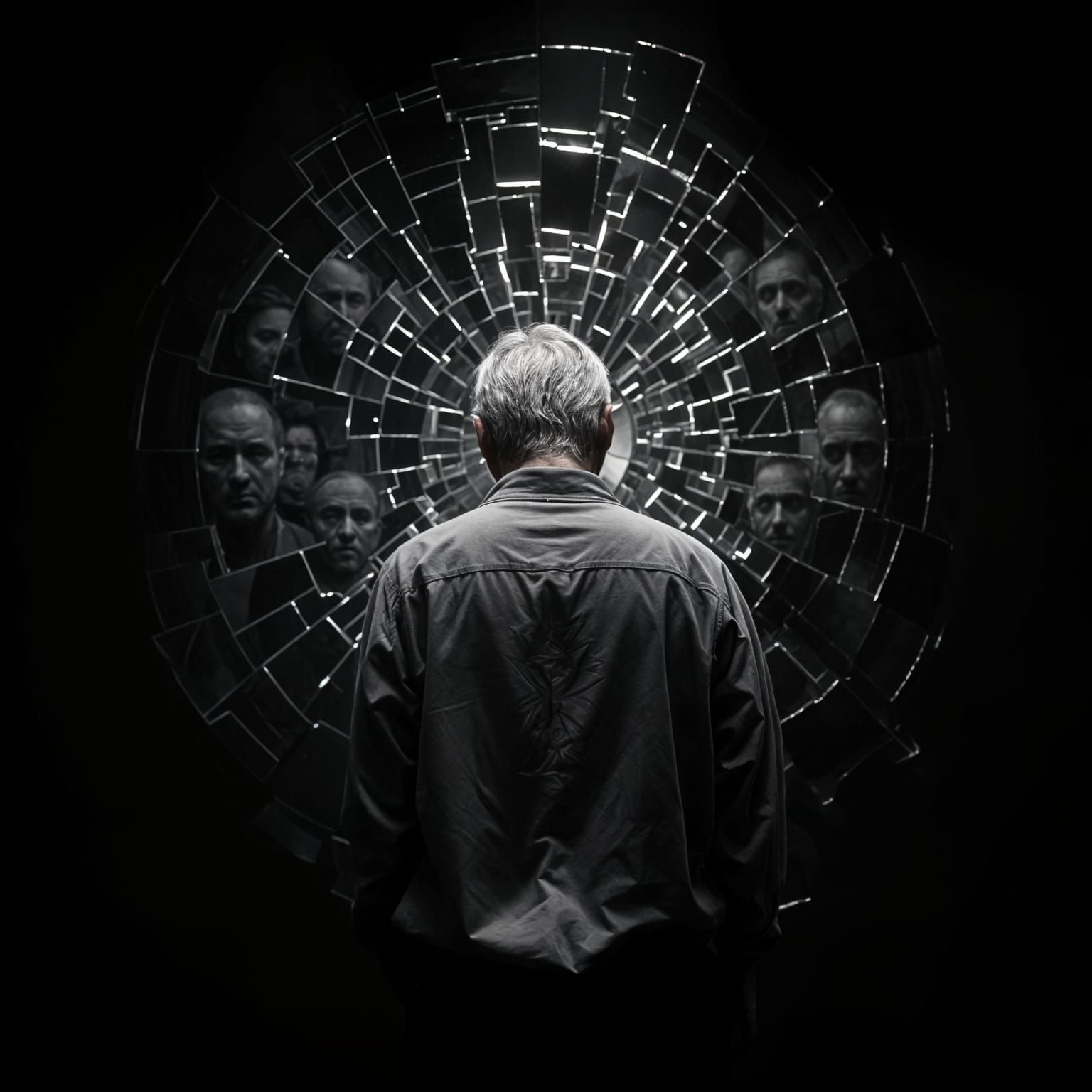 Man Facing Broken Mirror Reflection of Gloomy Faces