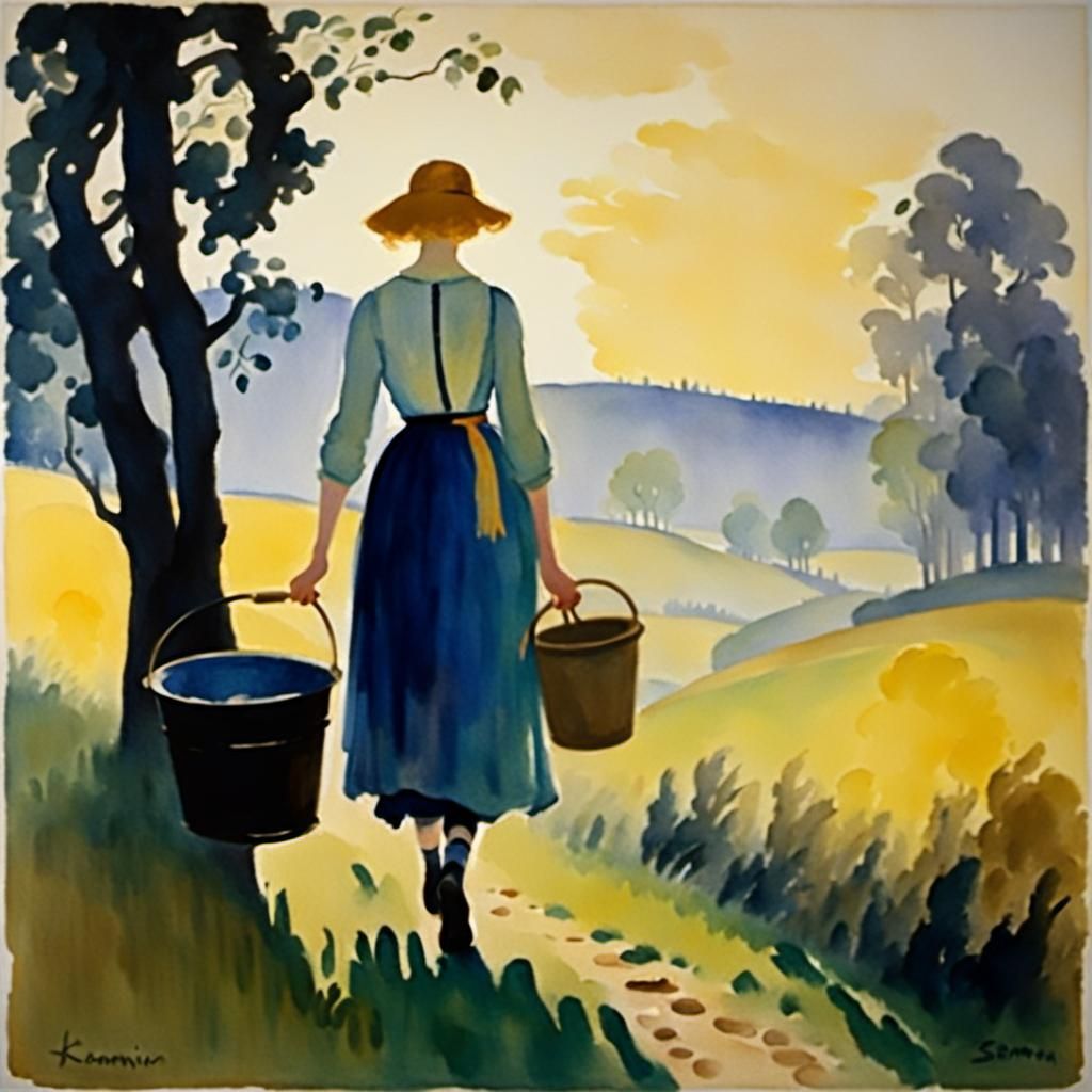 Woman with Bucket: Fauvist Watercolor Painting