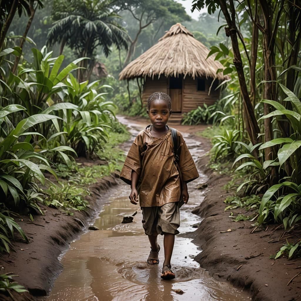 African Girl Walking in Village Jungle on Wet Day
