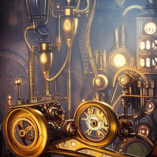 Golden Steampunk City of Invention in 8k