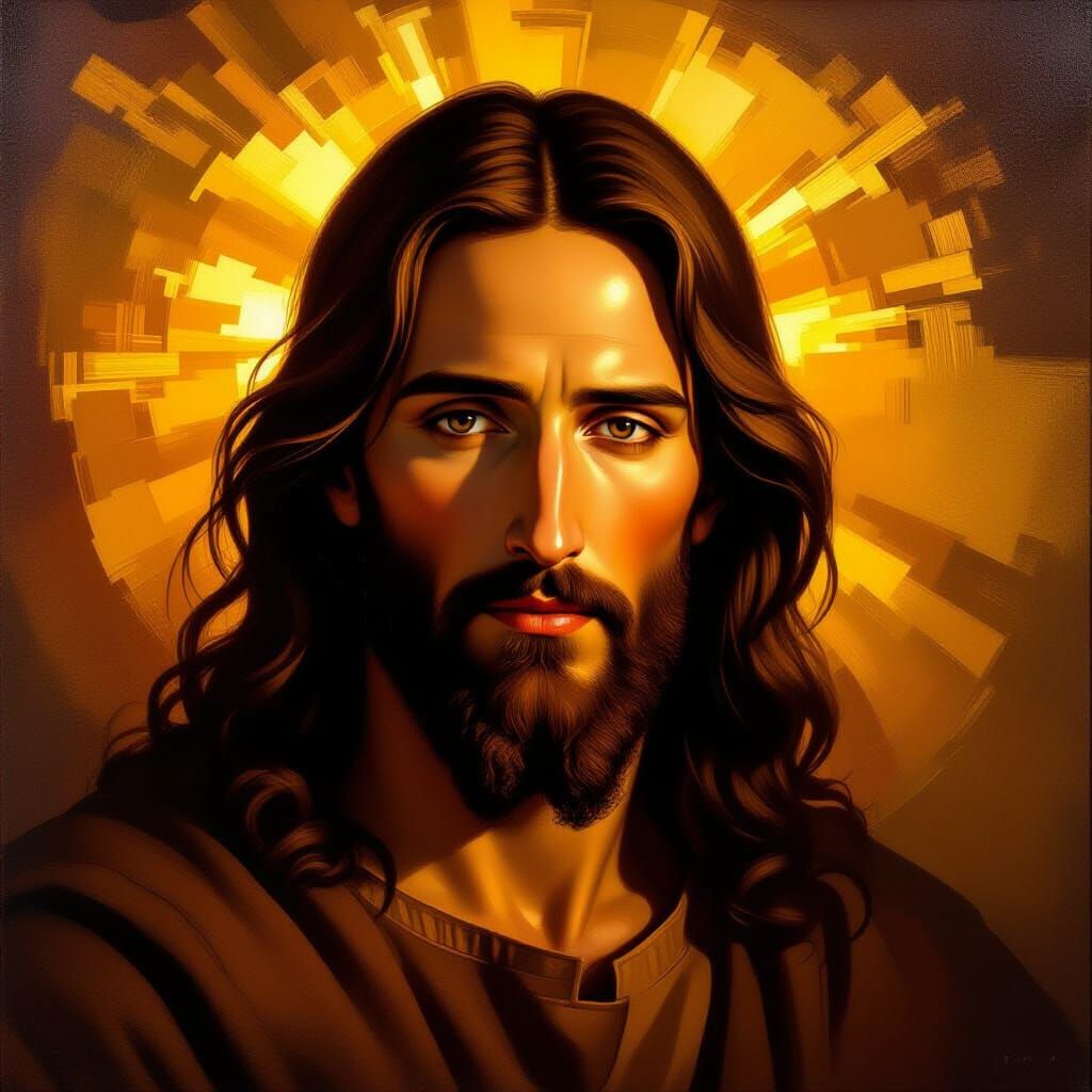 Spiritual Oil Painting of Jesus Christ with Golden Light