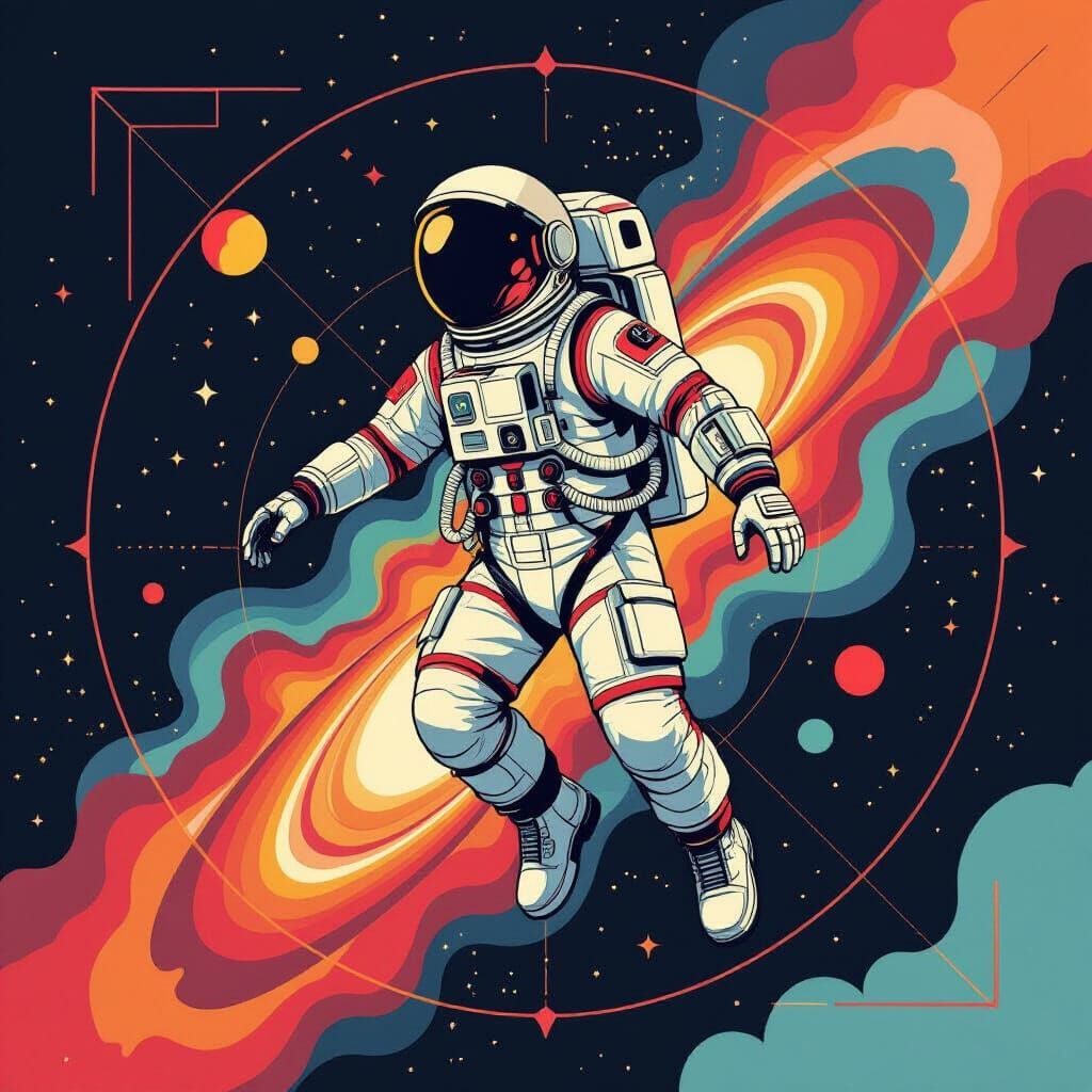 Astronaut in Bauhaus Spacesuit Drifting Through Nebula