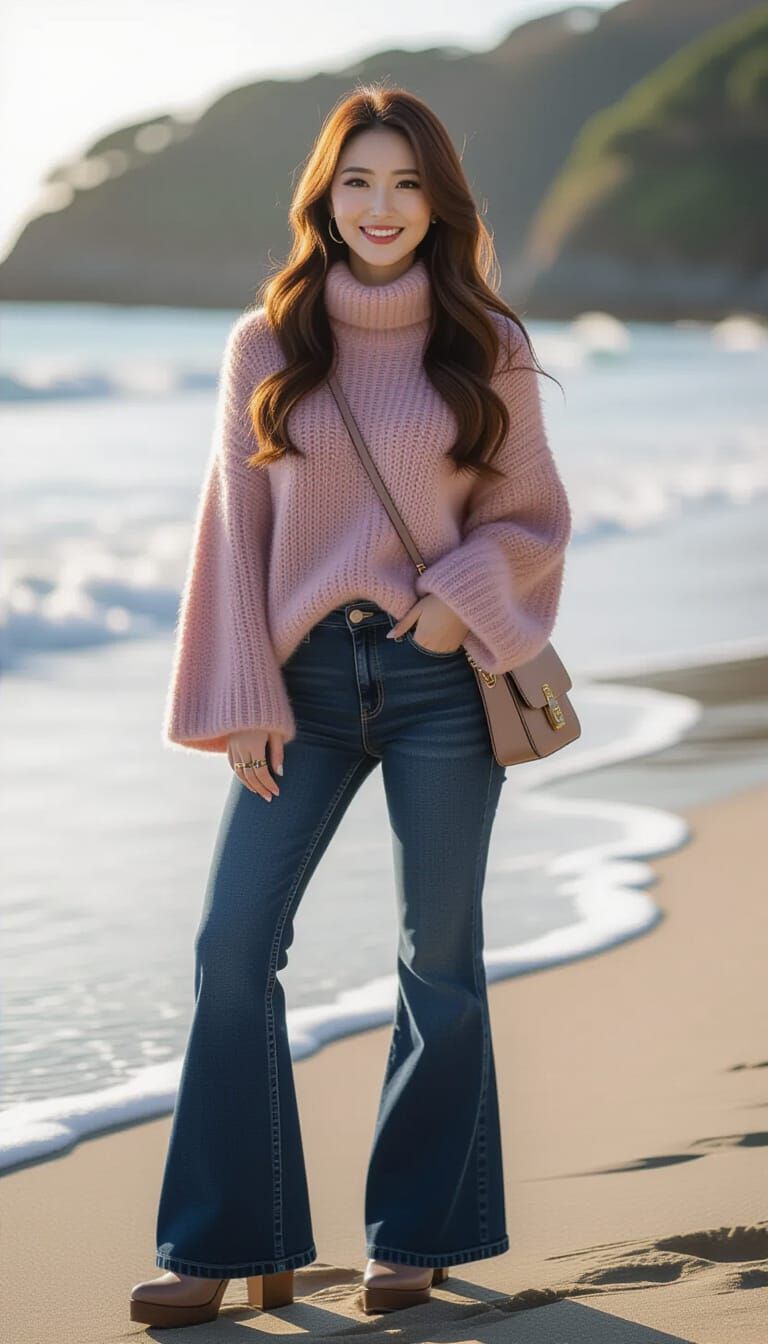 Scottish-Japanese Woman Poses in Dusty Rose Sweater on Beach