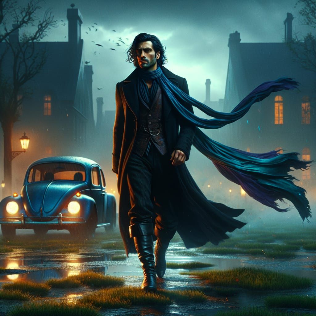 Mediterranean Man in Black Coat Strolls Damp Lawn