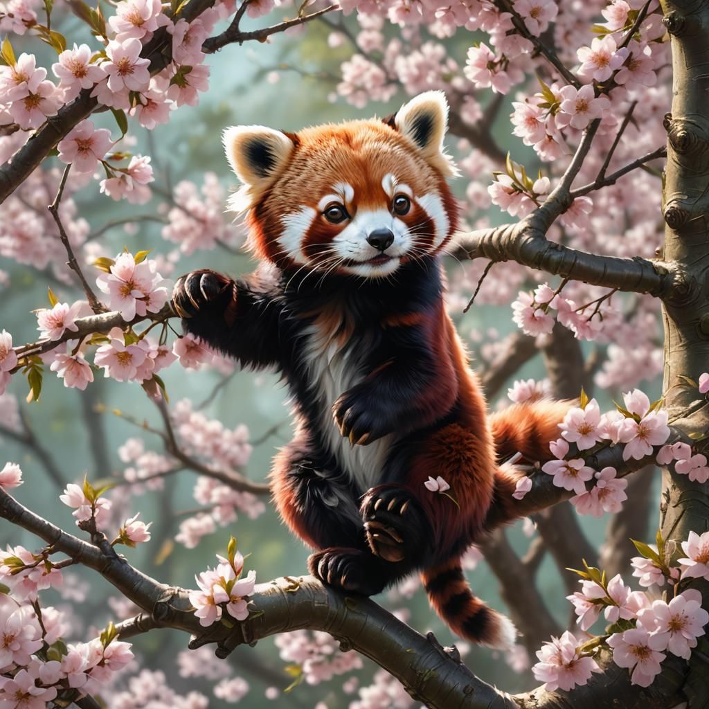 Baby Red Panda in Cherry Blossom Tree