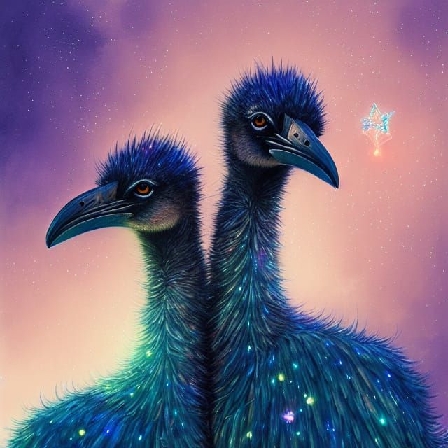 Ethereal Emus in Love with Floating Crystals