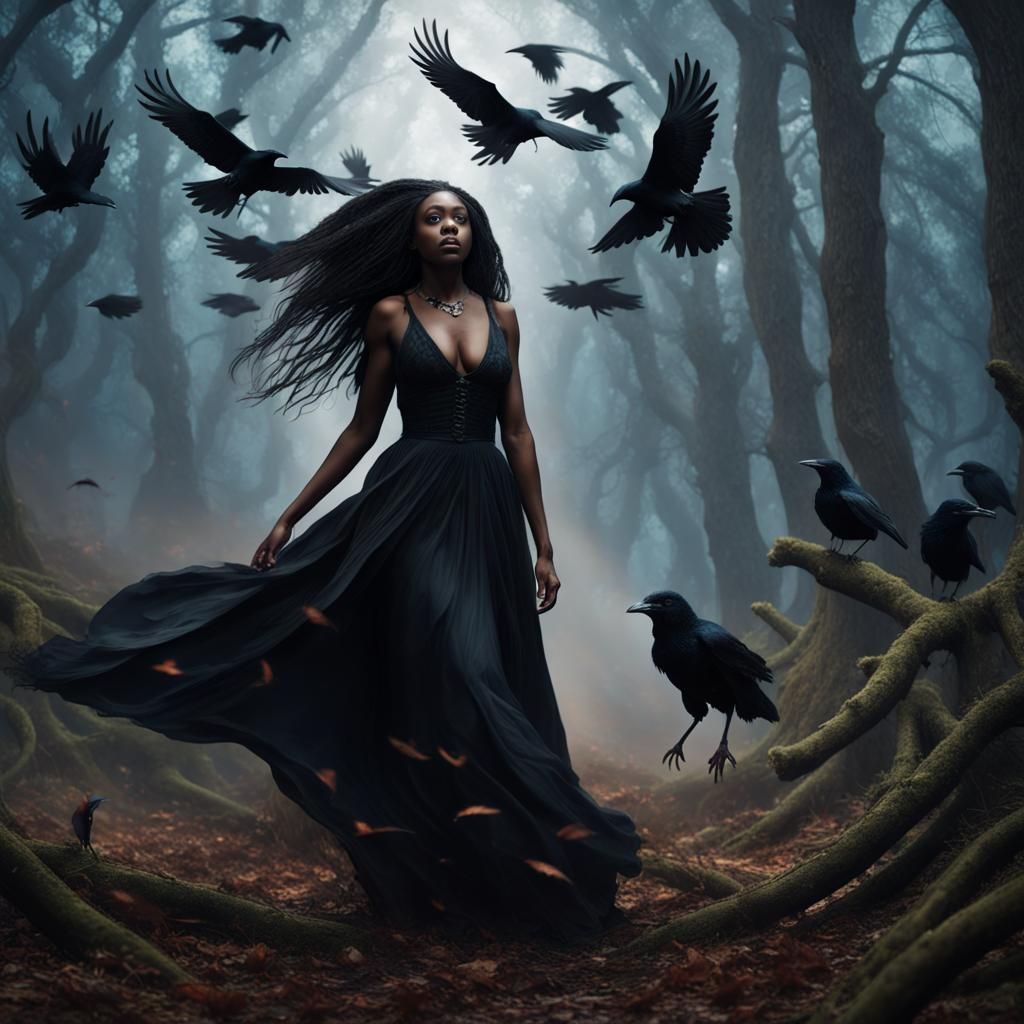 Gothic Woman in Forest with Crows