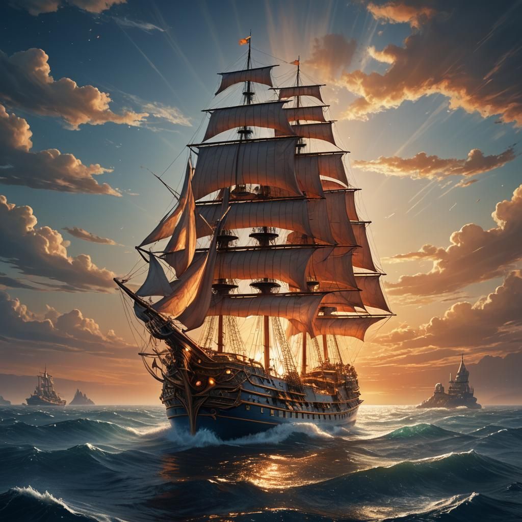 Majestic Ship Sails into Shimmering Horizon