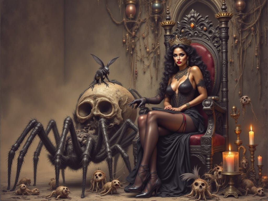 Wicked Queen and Giant Spider in Dark Chamber