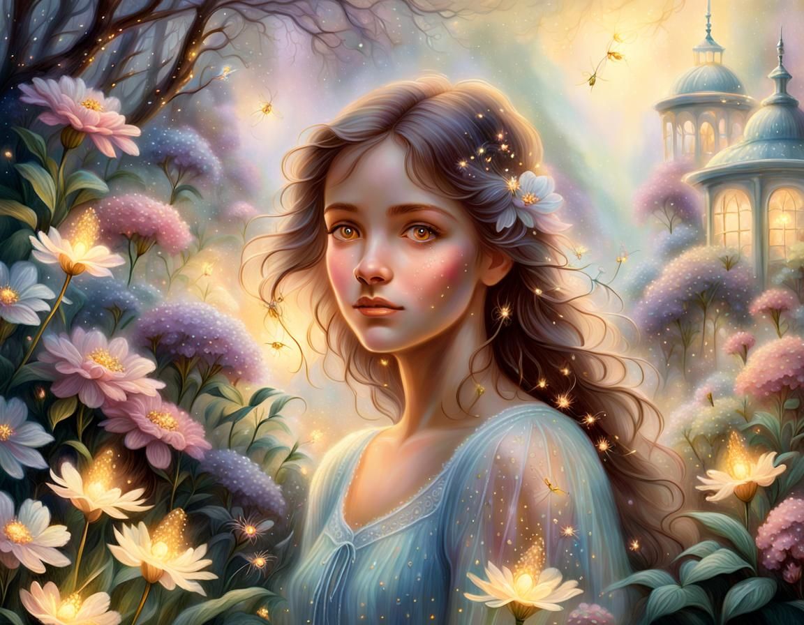 Ethereal Woman in Fantasy Garden with Fireflies