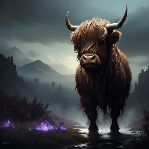 Hyperdetailed Highland Cow in Dark Fantasy Style