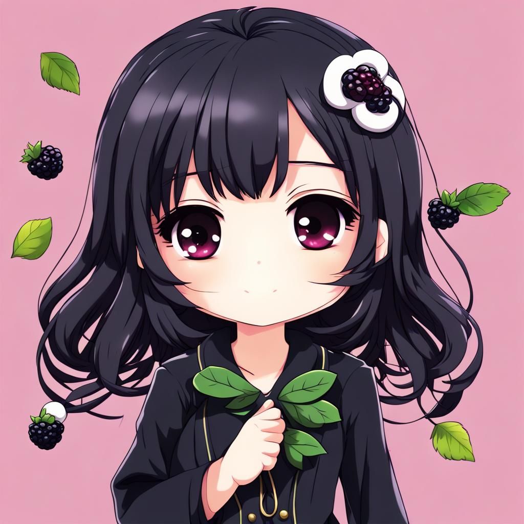 Chibi Black-Haired Girl as a Blackberry in Anime Style