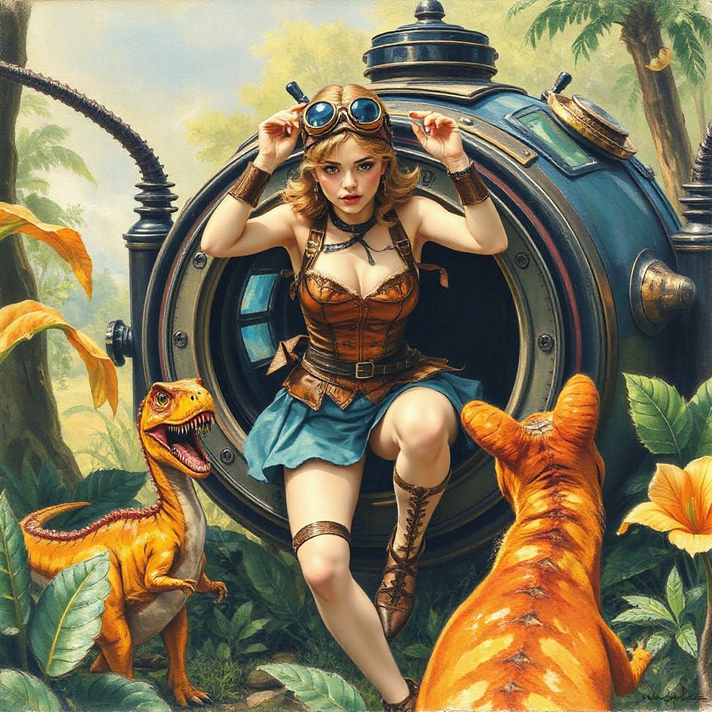 Inventor and Dinosaurs in Gouache and Watercolor Style