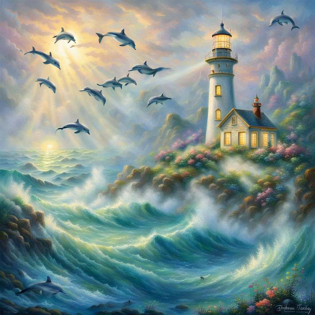 Dolphins Swimming Past Lighthouse in Ethereal Style