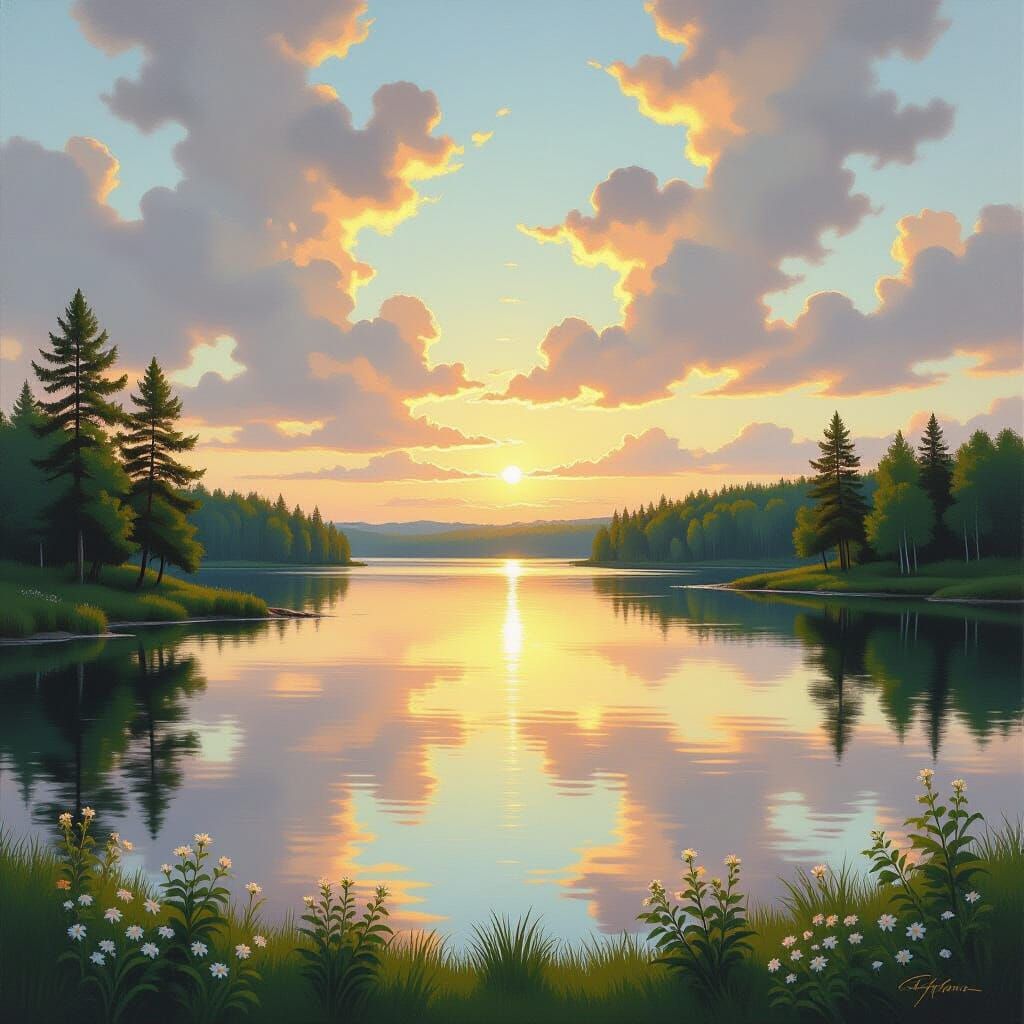 Golden Hour Lake Reflection Oil Painting