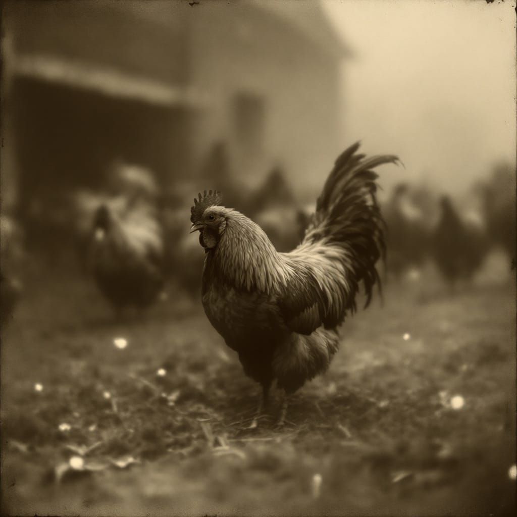 Dreamlike Farmhouse Morning with Ethereal Rooster in Sepia T...