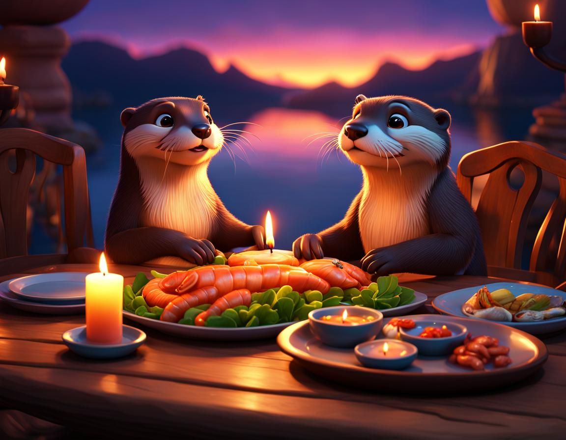 Romantic Otters Dine By Candlelight: Pixar Style 3D Art