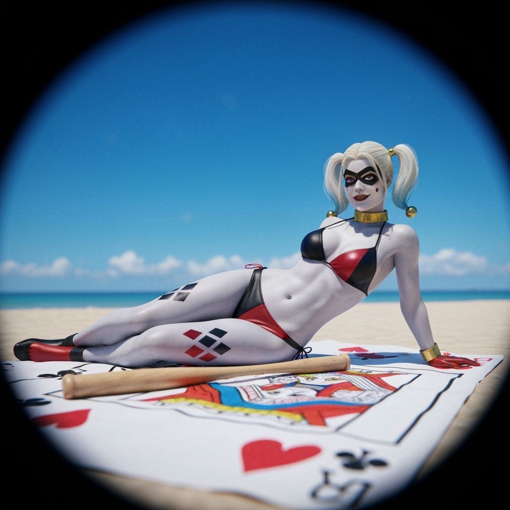 Harley Quinn Sunbathing on a Serene Beach, 3D Rendered