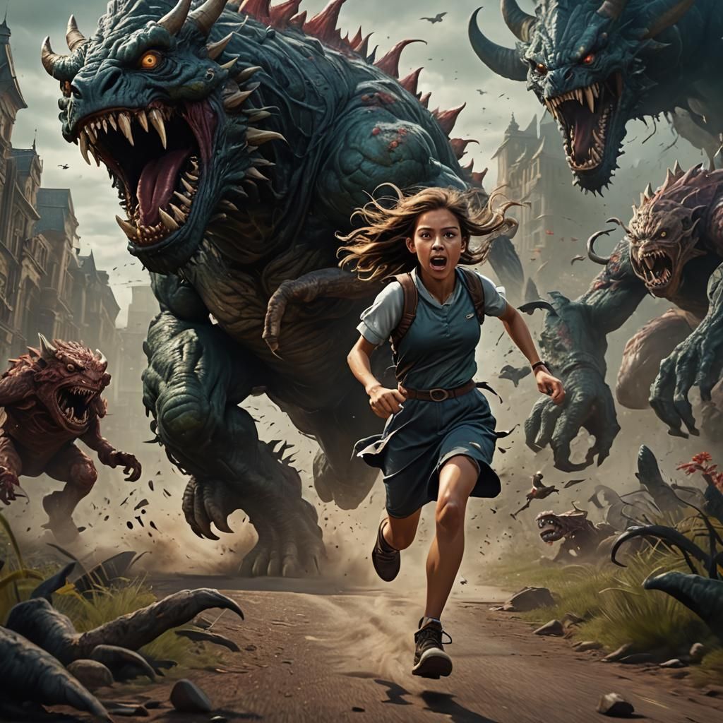 Girl and Creature Fleeing a Monster, Detailed Fantasy Art