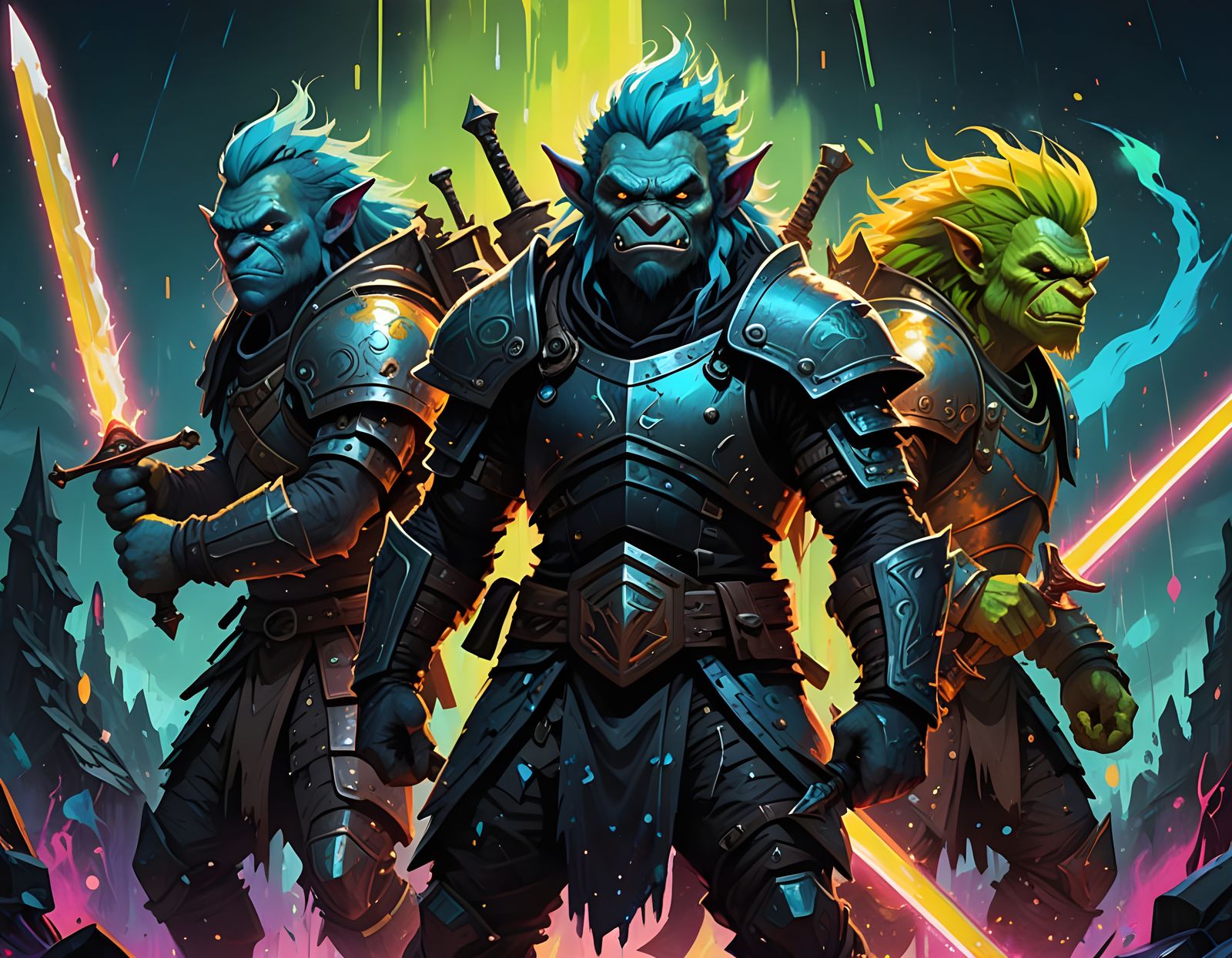 Fierce Trolls Wielding Glowing Swords in Graffiti Style