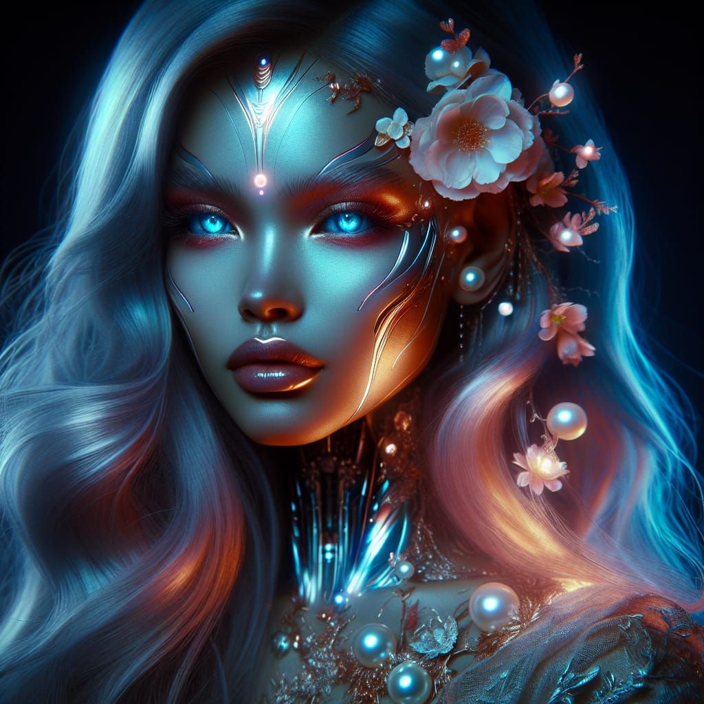 In this captivating cyborg portrait, an ethereal wampire-woman exudes celestial beauty and elegance