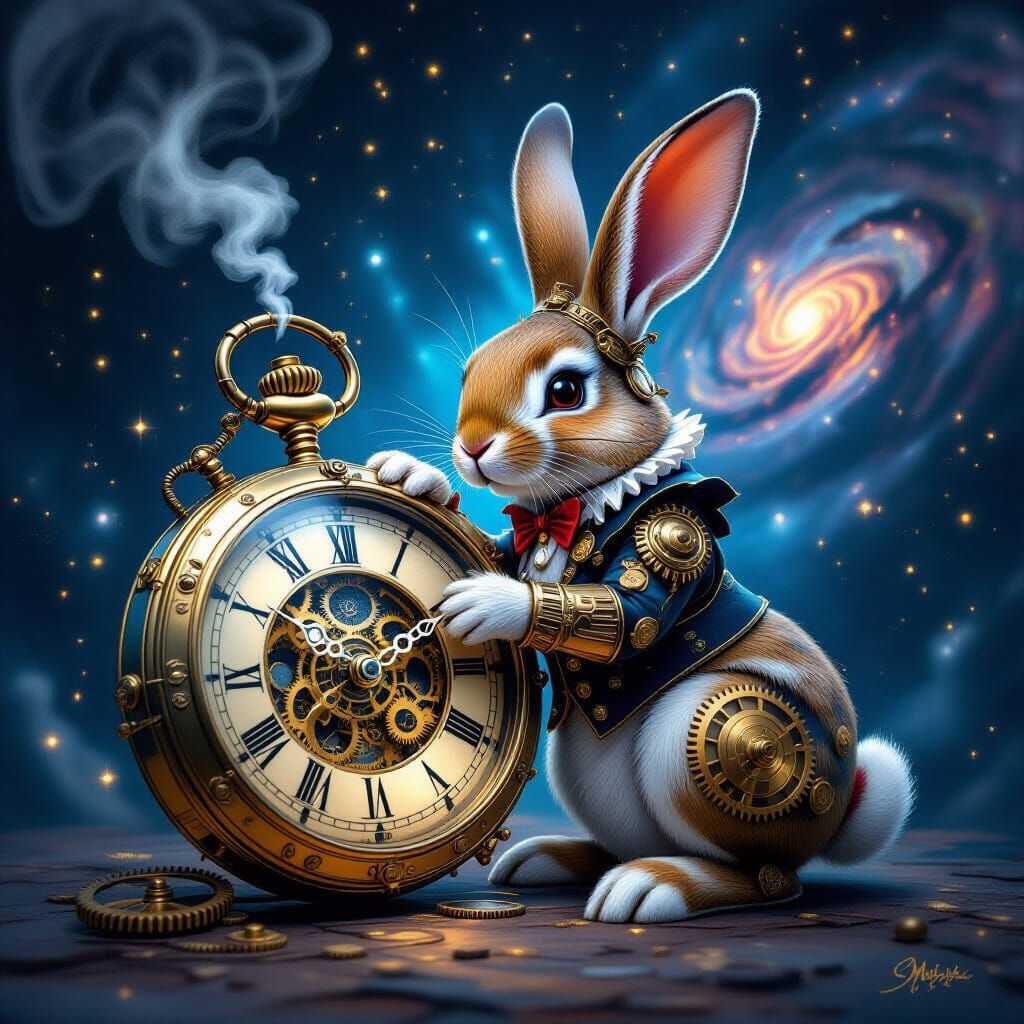 Clockwork Rabbit Polishes Watch in Cosmic Nebula
