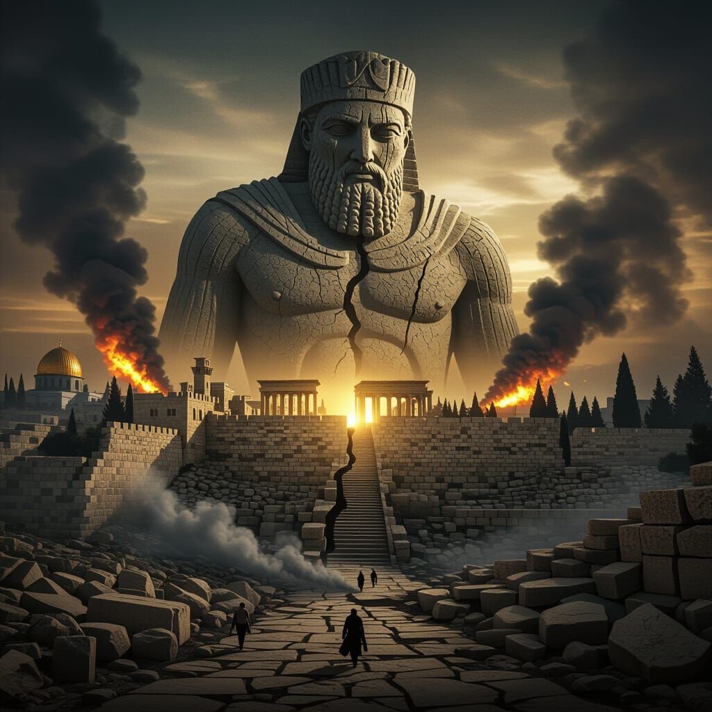 Ancient Jerusalem Ruins with Stone Figure in Painterly Style