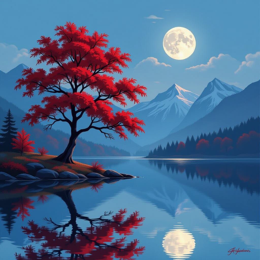 Vibrant Red Maple Tree Reflects Full Moon Over Still Lake