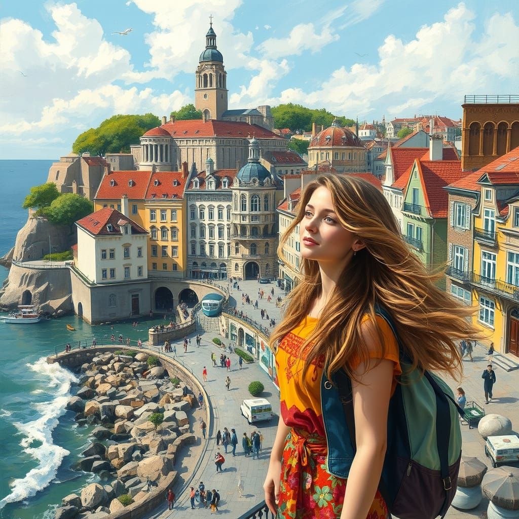 Whimsical Woman Explores Seaside University in Oil Painting