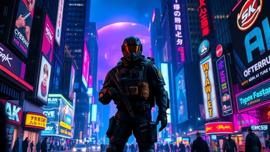 Cyberpunk Soldier in Neon Cityscape