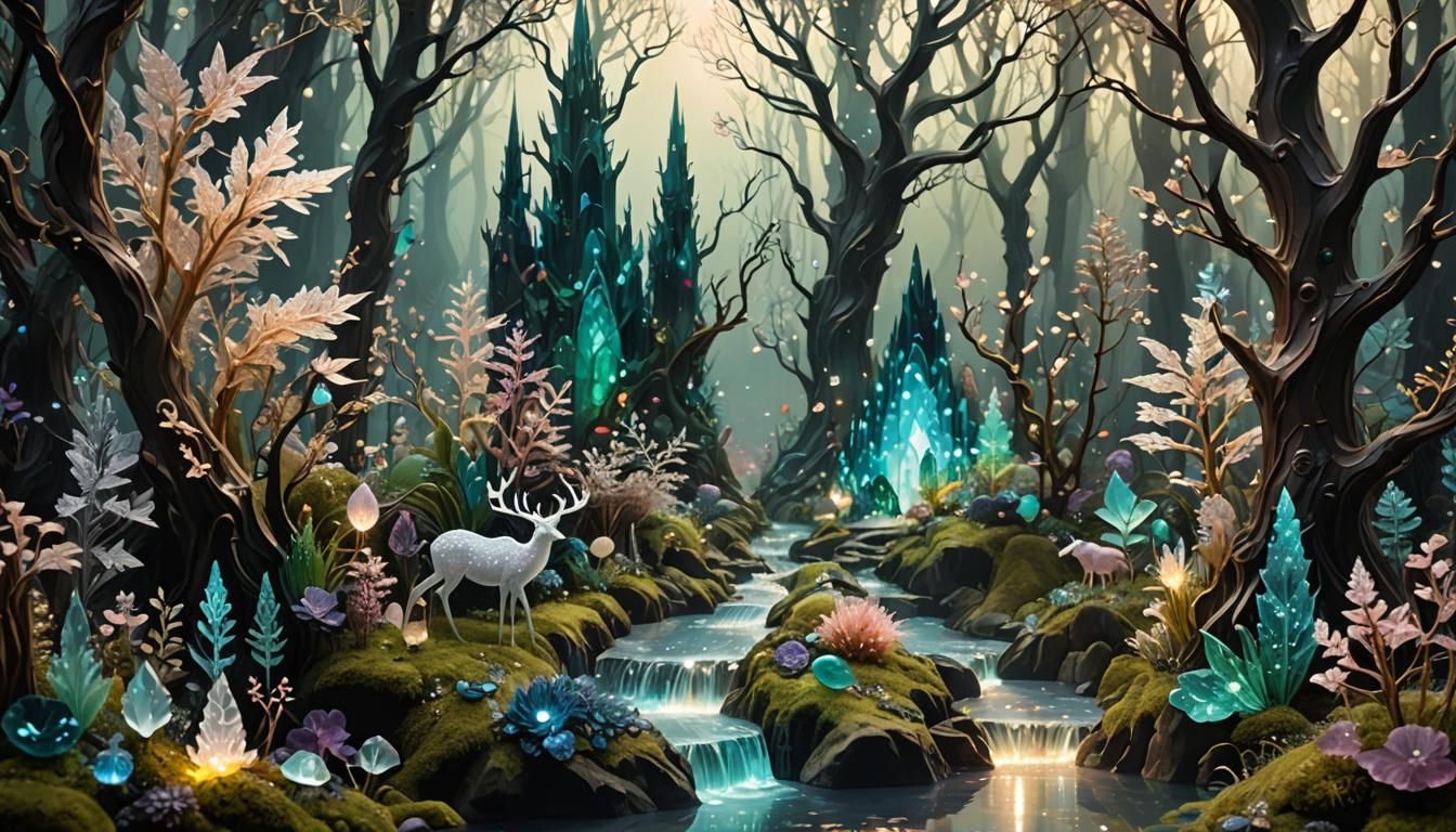 Luminous Crystal Forest with Ethereal Creatures