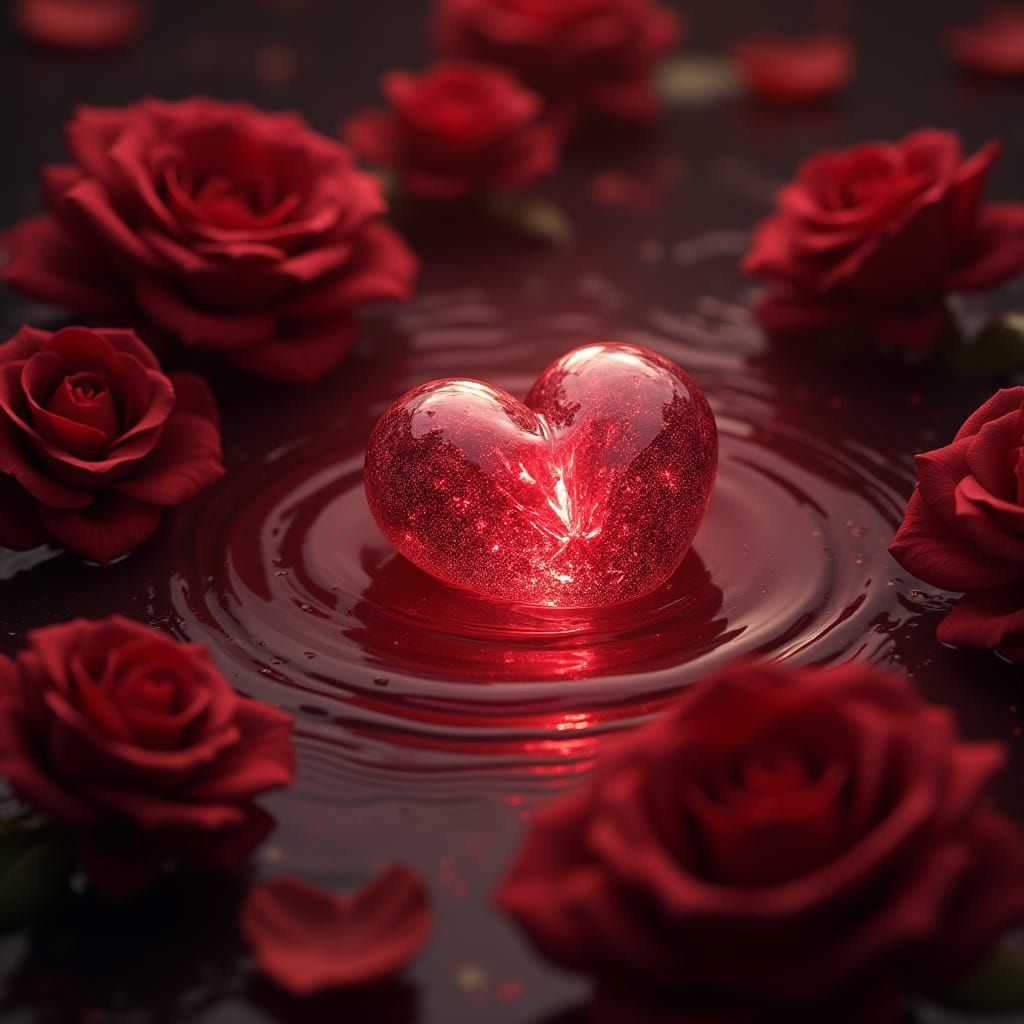 Diamond Heart in Red Water with Roses in Ethereal Glow