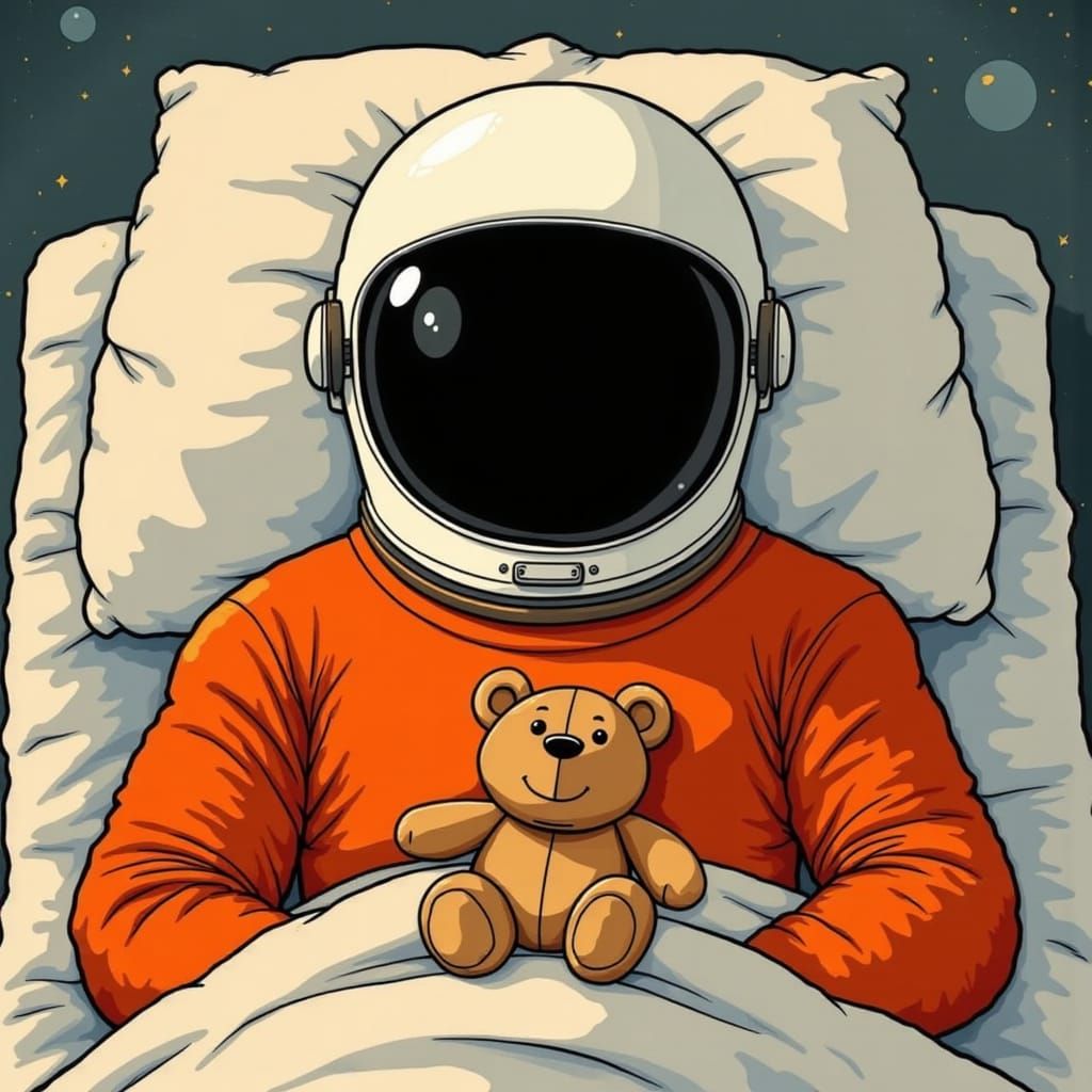 Burnt orange spaceman, white helmet, black visor, tucked up ...