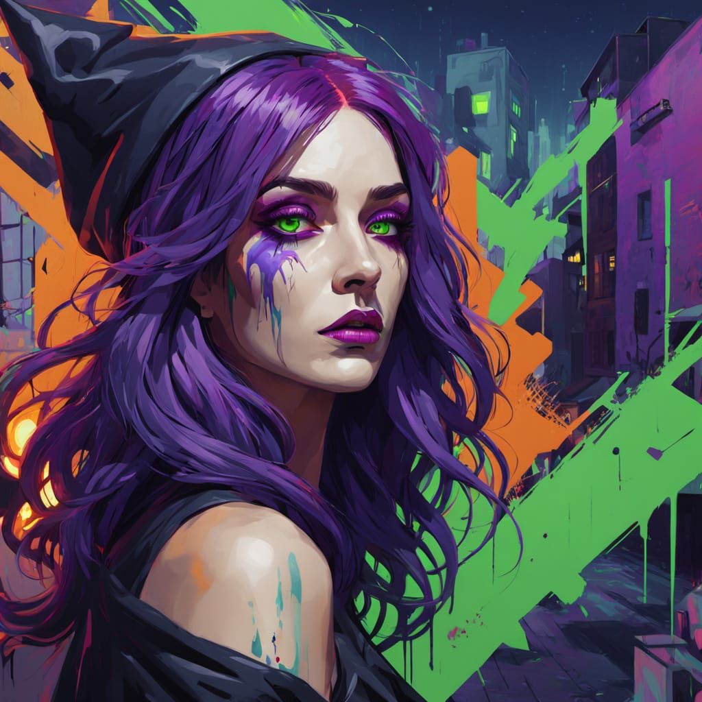 Vibrant Witch With Purple Hair In Street Art Style