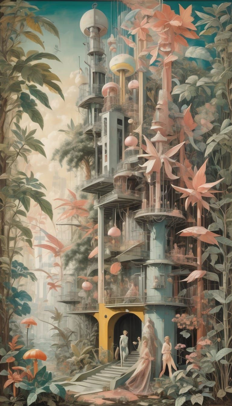 Whimsical Forest with Demonic Putti & Brutalist Architecture