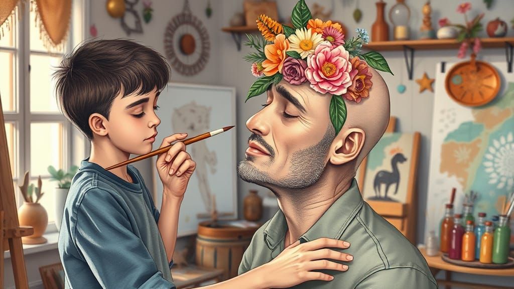 Young Artist Paints Vibrant Flowers on Serene Man's Head in ...
